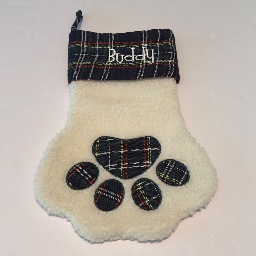 Buddy Personalized Dog Paw‎ Christmas Stocking Sherpa Plaid Navy Ivory 15in